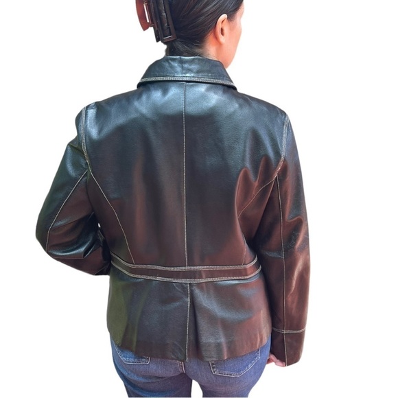 VINTAGE COLEBROOK 90S BLACK LEATHER STITCHED CLASSIC COLLARED ZIP UP MOTO JACKET - Picture 3 of 16